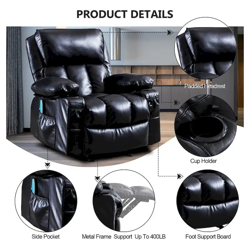 Faux leather Massage Recliner Chair, Rocker Recliner, Heat Function