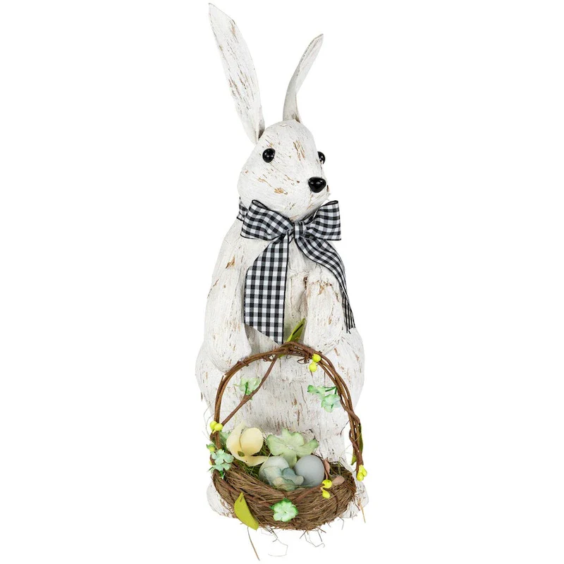 Rustic Rabbit with Easter Basket Standing Figure - 14  - Brushed White