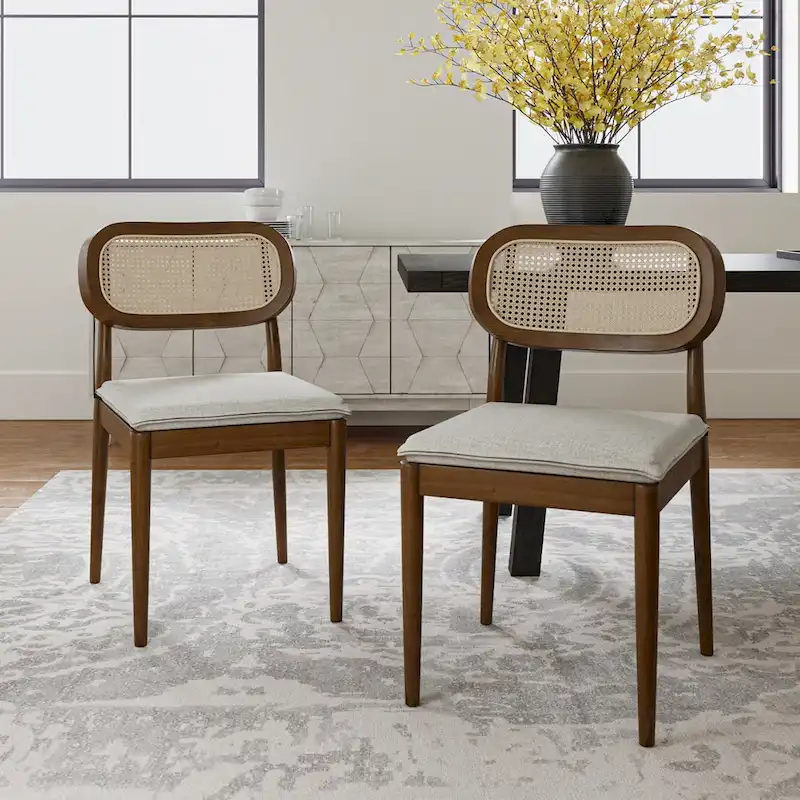 Modern Solid Wood Dining Chair with Ratten Back and Removable Cushion Set of 2 by