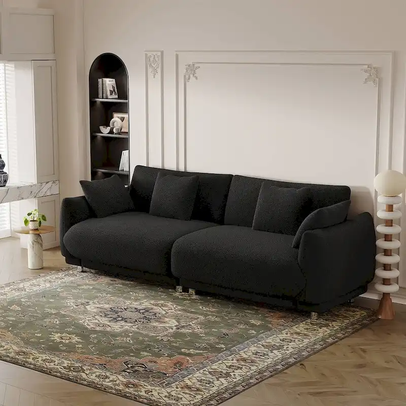 Modern Teddy Velvet 3-Seat Sofa with 4 Pillows & Metal Legs, 86.6