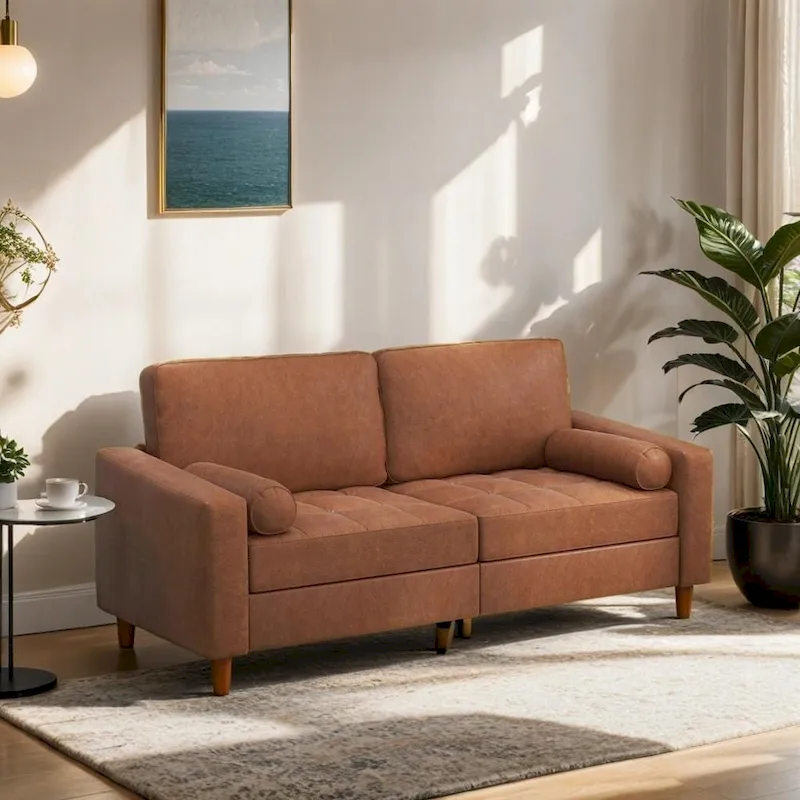 Mid-Century Leather Couch with Hand-Stitched Comfort Cushion and Bolster Pillows