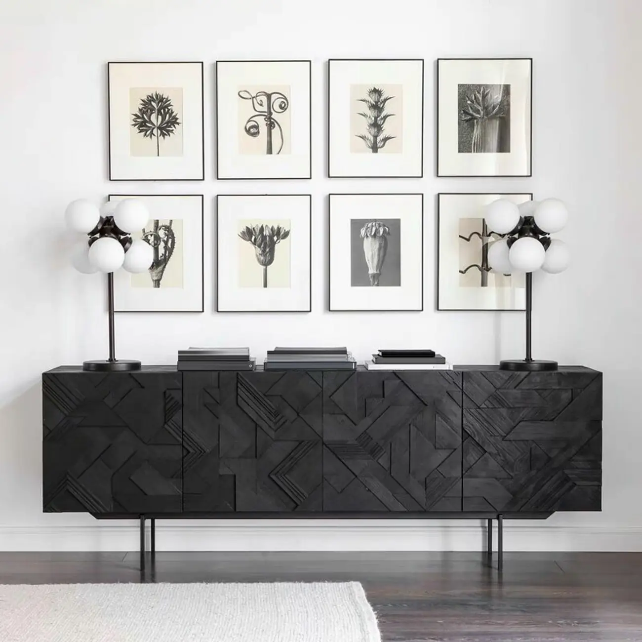 Modern Black Geometric Wooden Buffet Table with Cabinets
