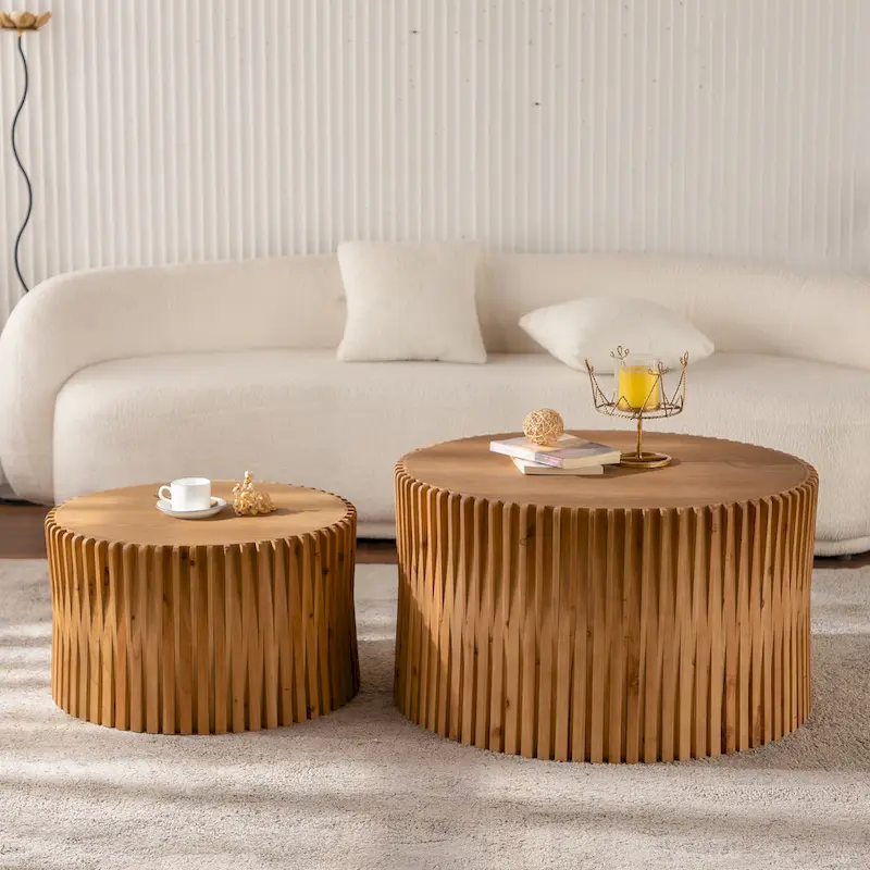 Cylindrical Nesting Coffee Table with Vertical Textured Embossed Design (Set of 2)