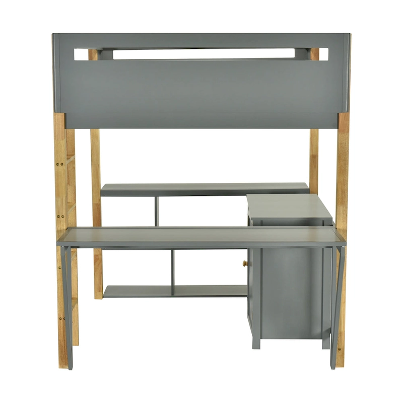 Gray Twin Size Solid Wood Loft Bed with Built-in Storage and Foldable Desk