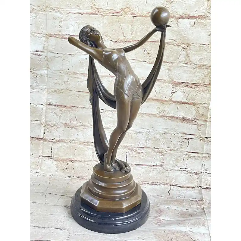 Art Deco Flapper Dancer Girl Holding Ball Bronze Statue Sculpture Figure