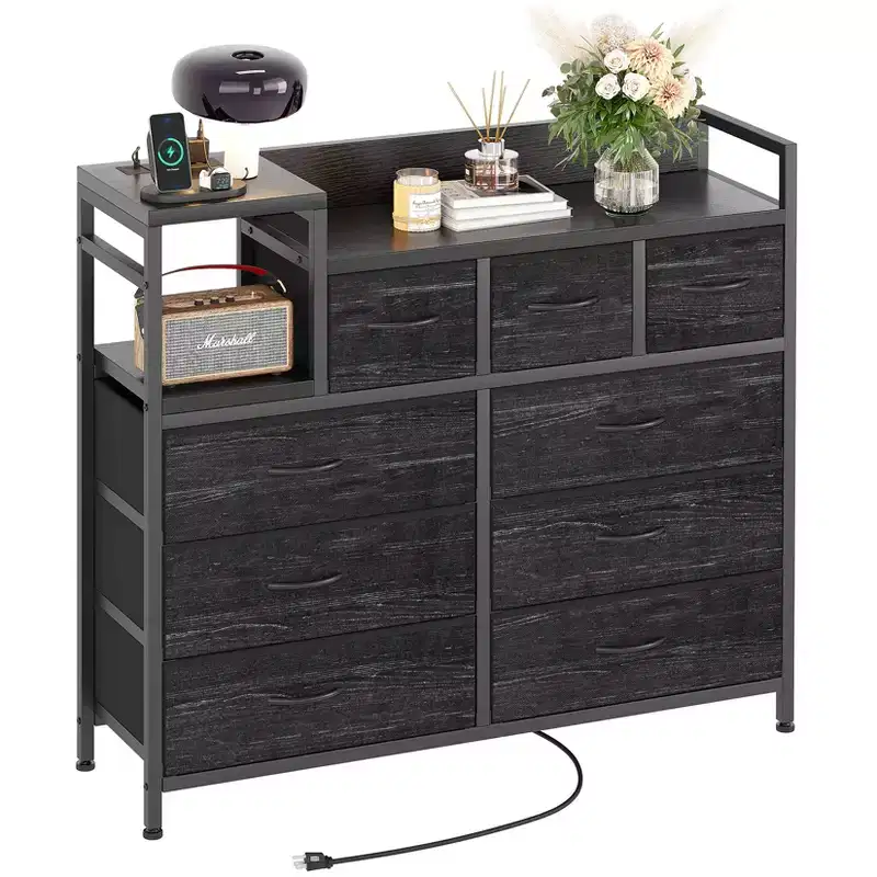 9-Drawer Storage Bedroom Dresser TV Stand | Multi-Functional with Built-in Charging Station, Tall Dresser for Closet Organization, Apartments