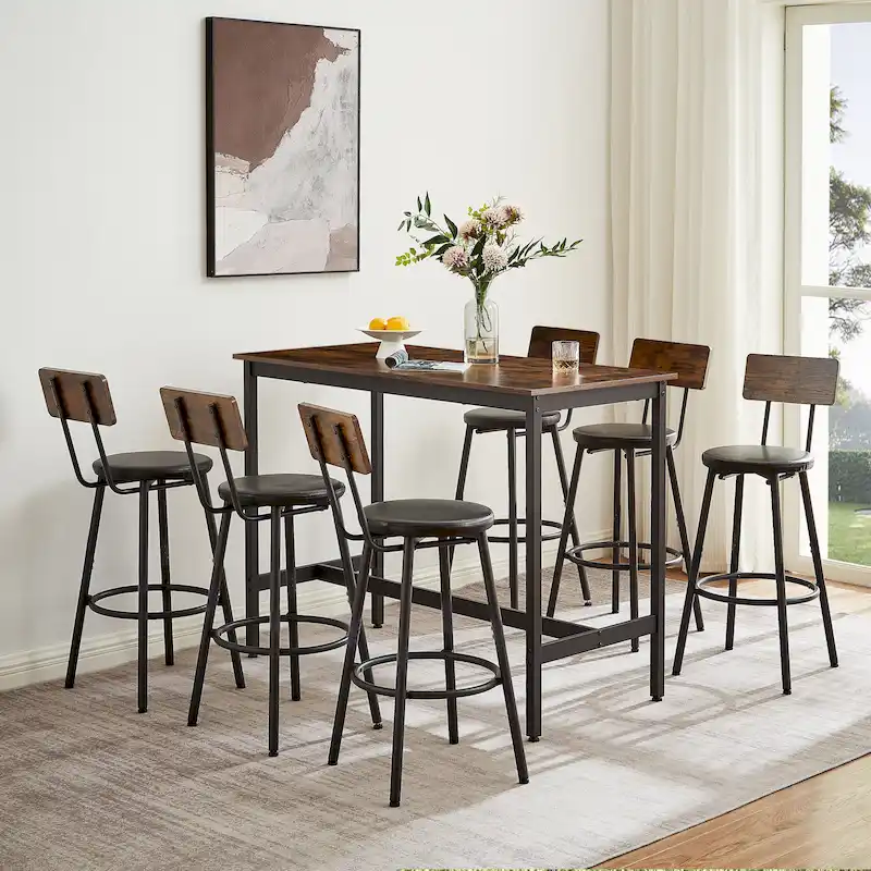 Rustic Style 7-Piece Dining Set with Rectangular Table and PU Leather Bar Chairs