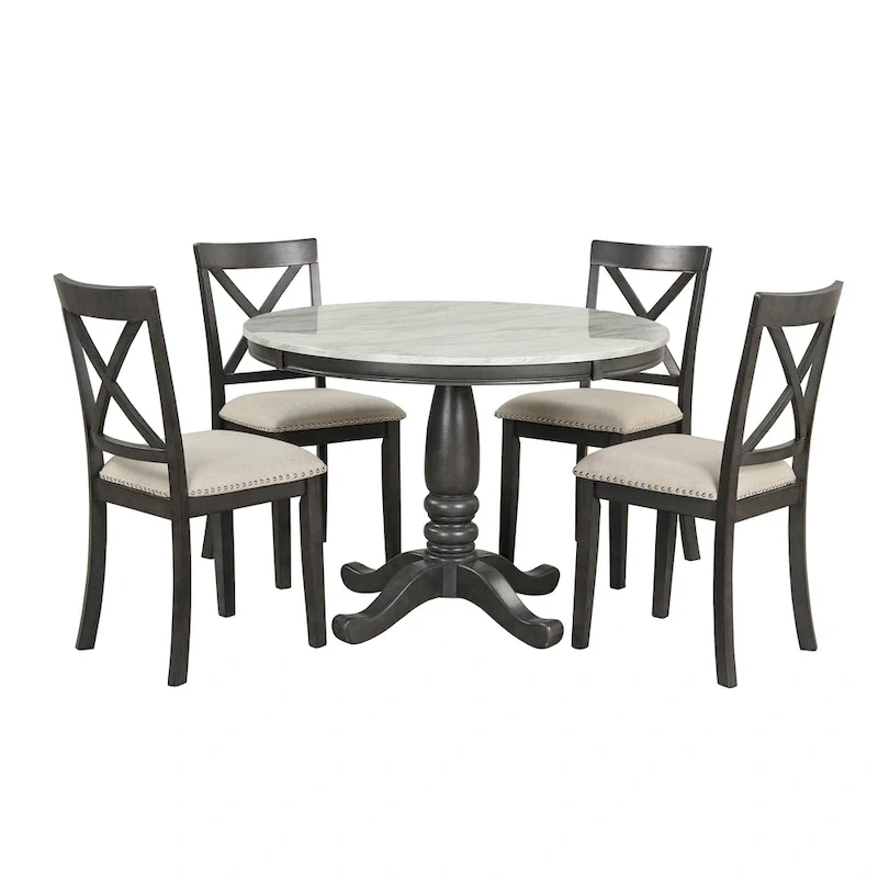Modern Style Wooden 5-Piece Dining Set with Round Table amd 4 Upholstered Chairs