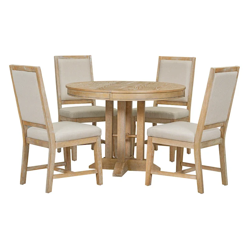 5-Piece Wooden Dining Table Set with Extendable Round Table & 4 Chairs