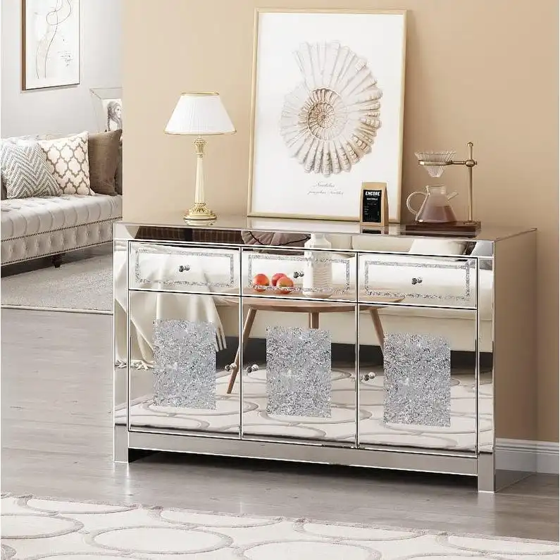 Glam Mirrored Diamond 3-Drawers Accent Cabinet Sideboard