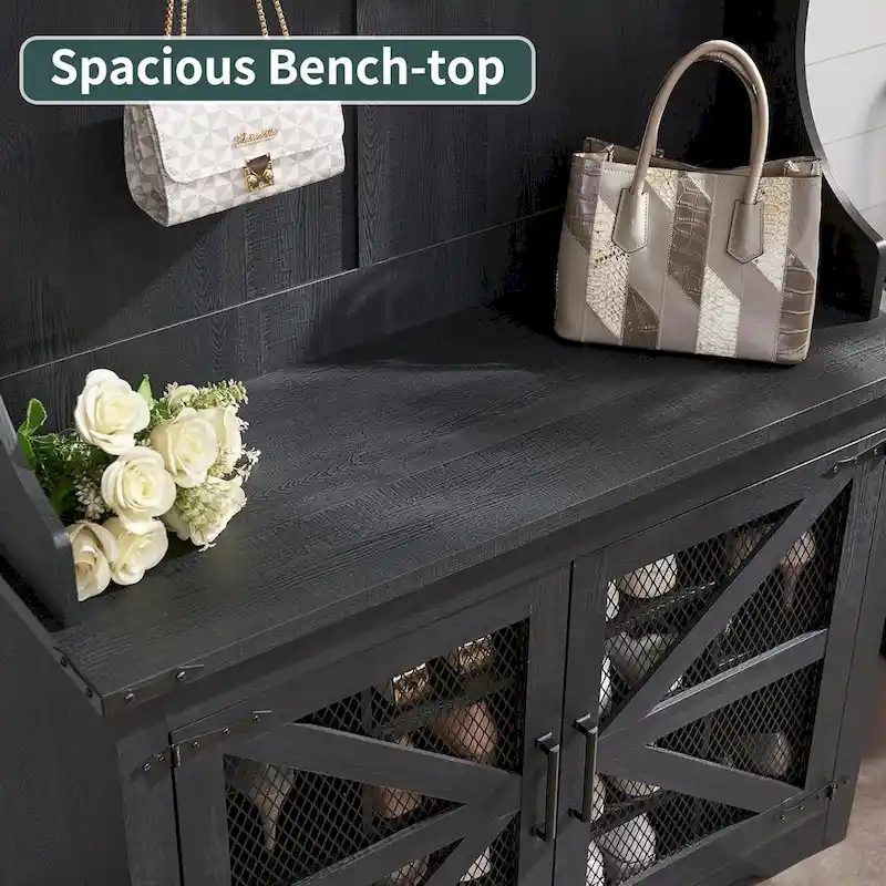 42  Wide Farmhouse Entryway Bench with Coat Rack, Mudroom Cabinet