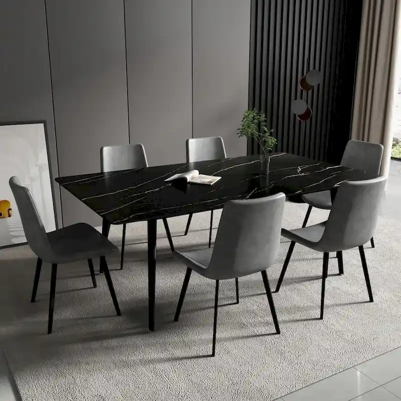 70.8 inch rectangular white kitchen dining table, with a sintered stone marble tabletop, metal legs