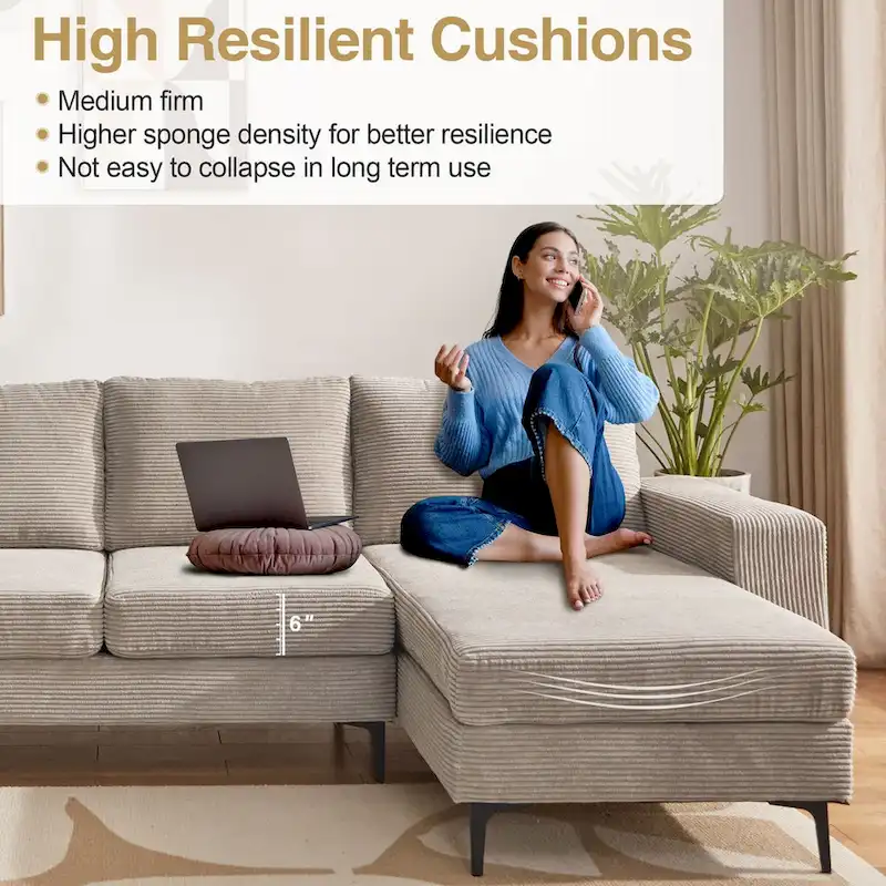 L-Shaped Upholstered Sofa Couch with Metal Legs