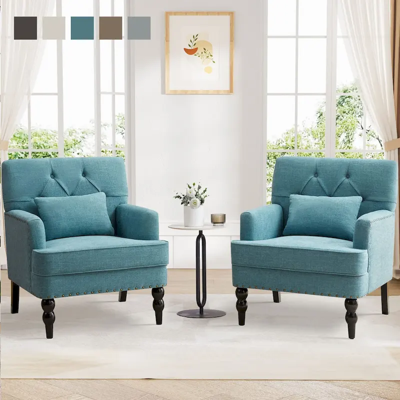 Set of 2 Arm Chair Upholstered Button Tufted Accent Chair with Lumbar Pillow Beige/ Grey/ Light Blue