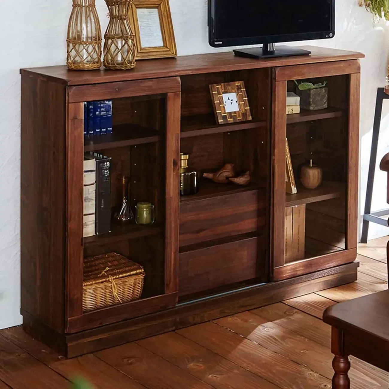 Brown Modern Wood Glass Display Cabinet with Storage