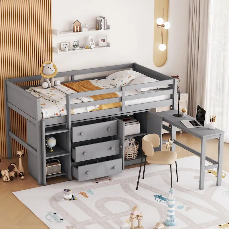 Twin Size Low Loft Bed With Pull-Out Desk