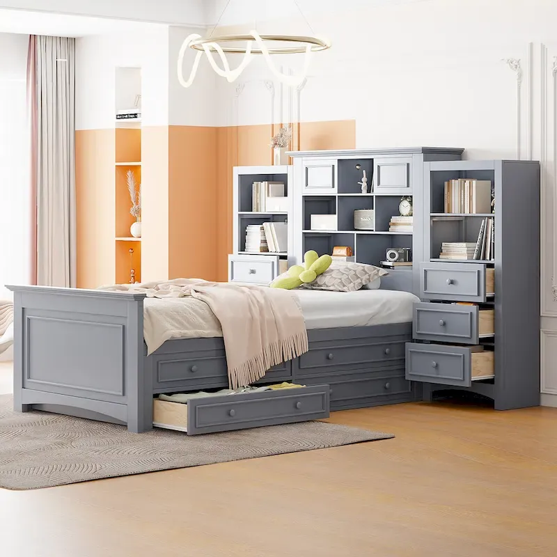 Twin Size Wood Platform Bed Frame with Vertical All-in-One Cabinet and 4 Drawers on each side