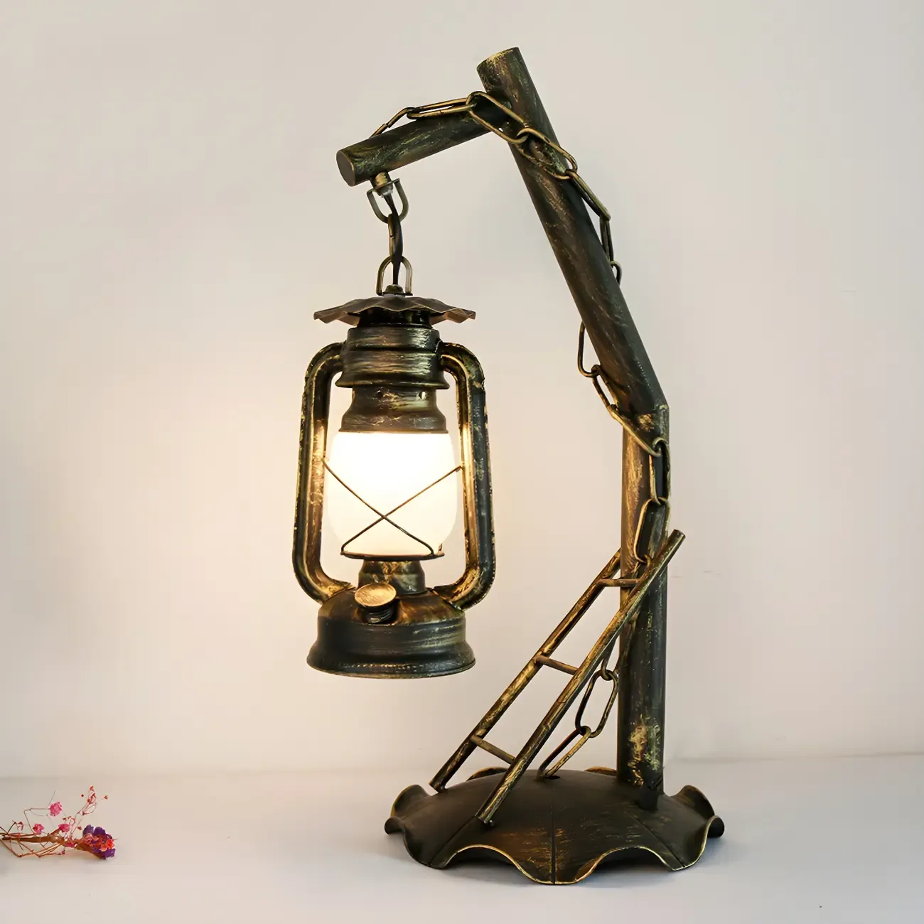 HomeyFad Industrial Rustic bronze Metal Lantern Table Lamp in Brass