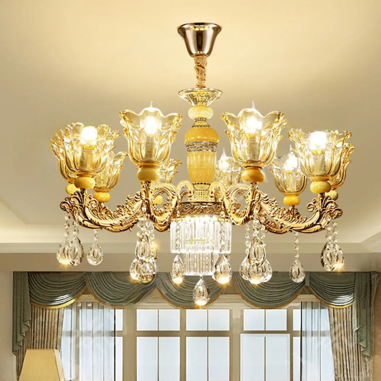 Adjustable Luxury Gold Flower Shape Clear Glass Chandelier