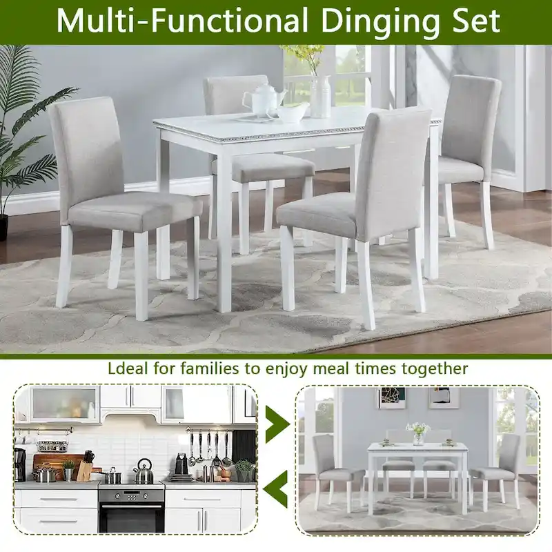 5 Piece Wooden Dining Table Set, Kitchen Table Set with a Rectangular Table and 4 Upholstered Chairs