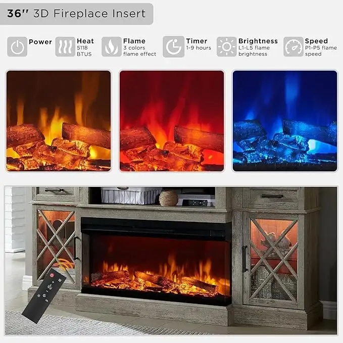 Farmhouse 3-Sided Electric Fireplace TV Stand, Entertainment Center