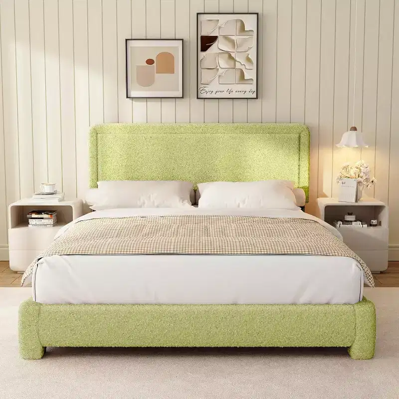 Dyonery Boucle Bed Frame,Black Upholstered Teddy Fabric Bed Frame with Headboard,No Box Spring Required, Adjustable Headboard, Easy Assembly