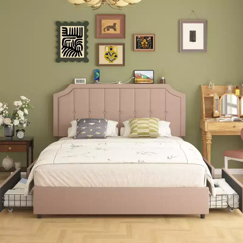 VECELO Queen/Full Size Bed Frame with Storage Drawers & Charging Ports, Upholstered Platform Bed Frame with Adjustable Headboard, Beige