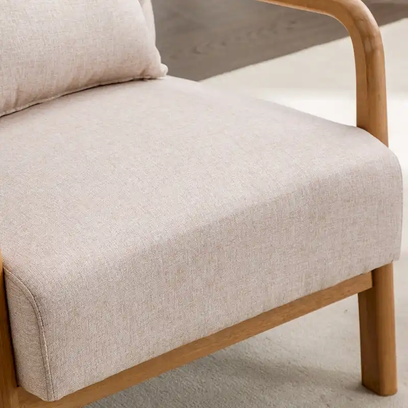 Upholstered Linen Blend Accent Chair with Wooden Legs and One Pillow