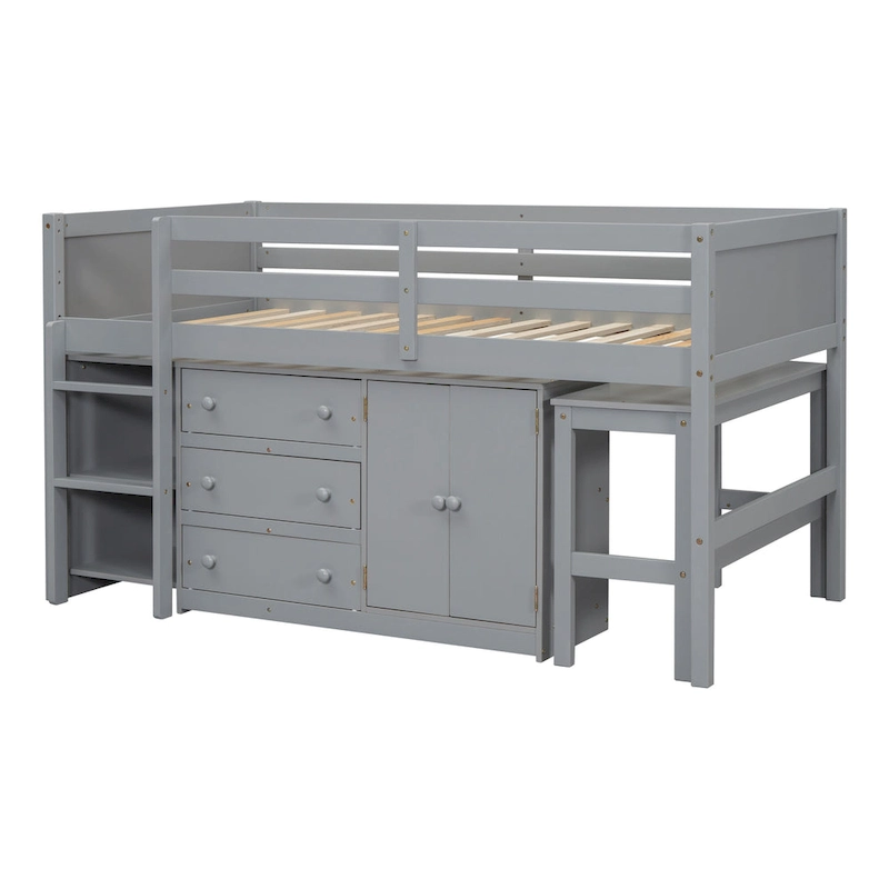 Grey Twin Wood Low Loft Bed with Pull-Out Desk & Drawers