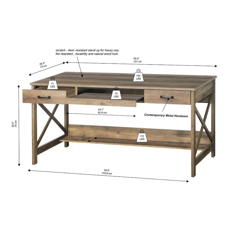 59.5-Inch Modern Farmhouse Writing Desk with Two Drawers, Home Office Wood Desk