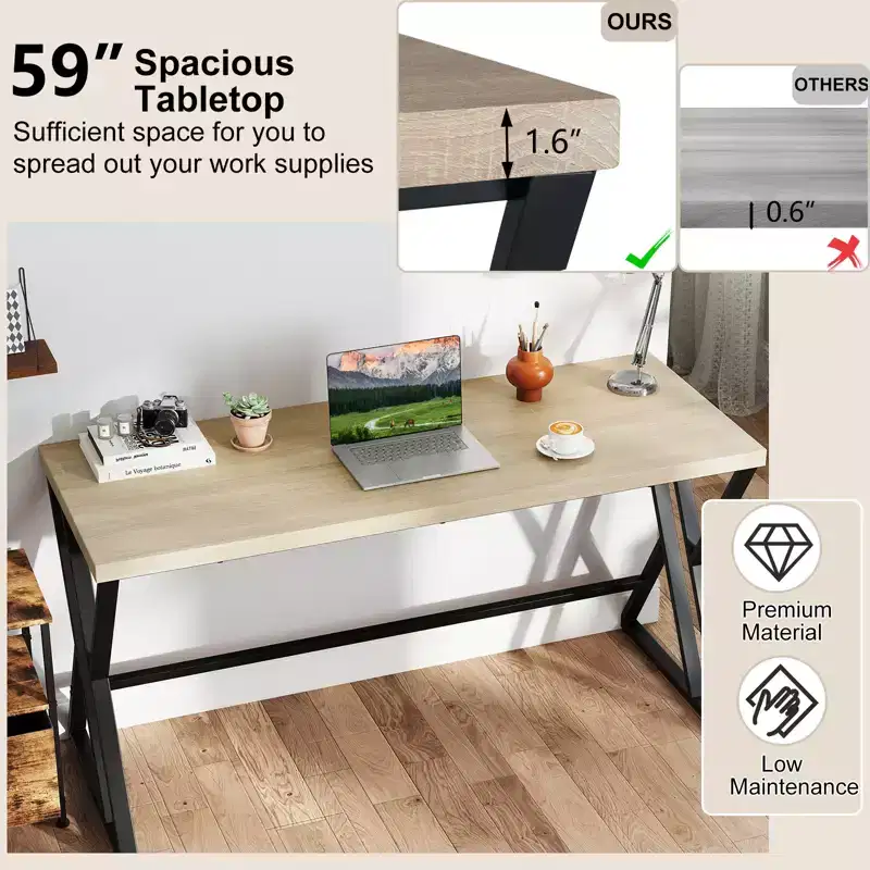 4PCS 59 Computer Desk Large Industrial Home Office Desk w/Heavy-duty Metal Frame