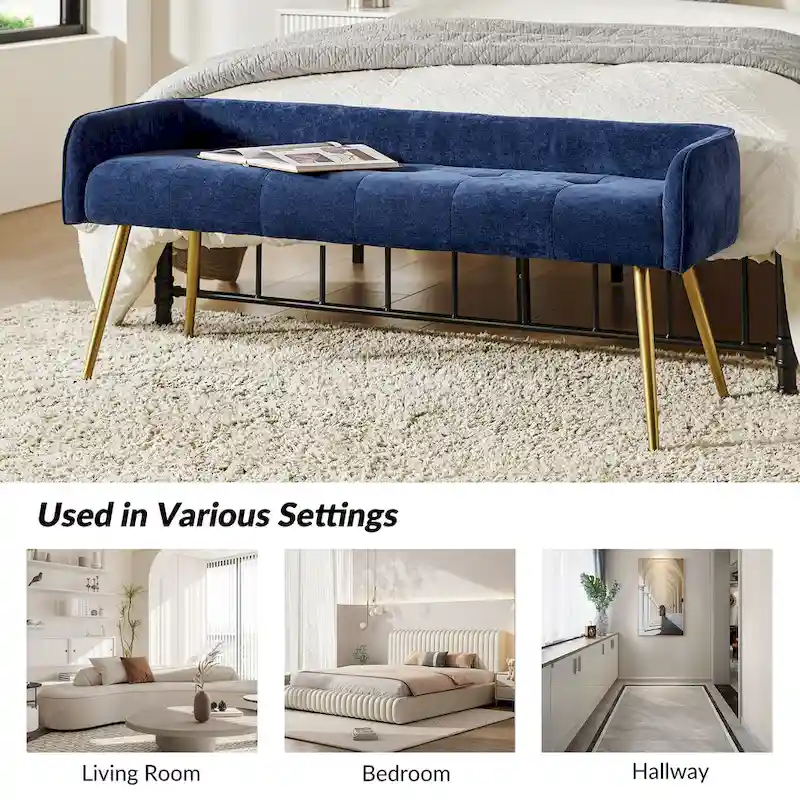Luis Modern Upholstered Low Back Bench with Sturdy Golden Metal Tapered Leg by HULALA HOME