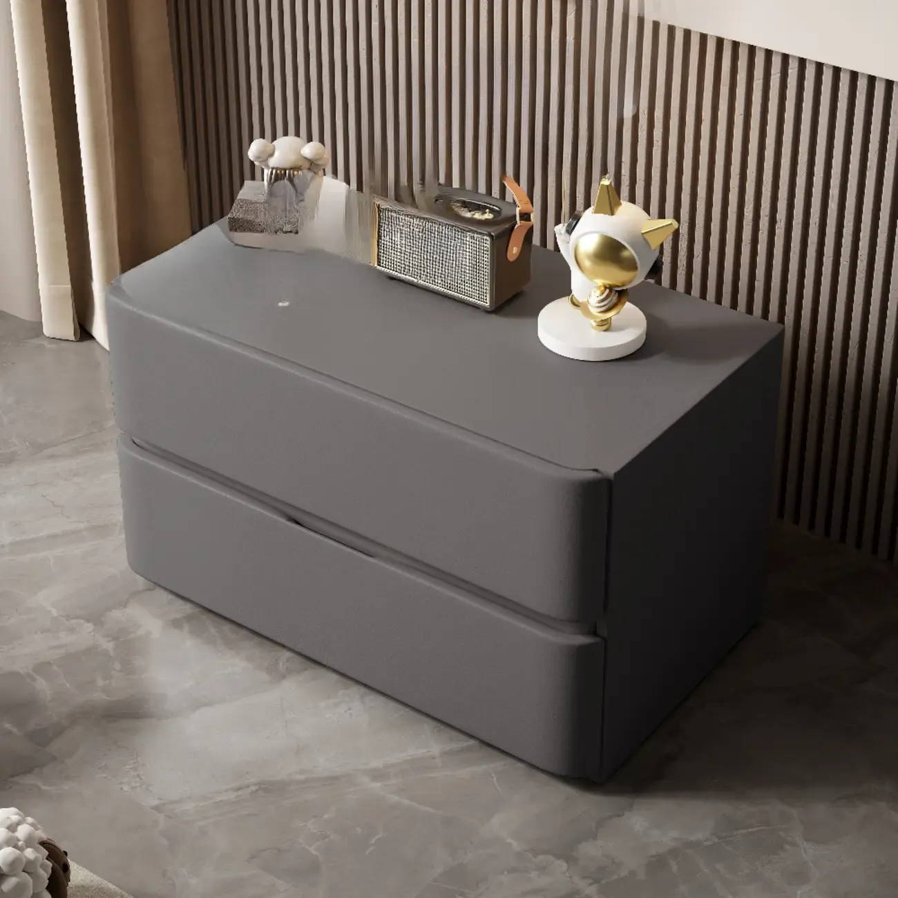 Modern Stone Top Wooden White Bedside Table 2 Drawers