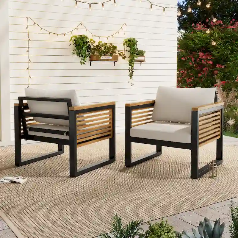 Outdoor Acacia Wood and Metal Patio Chair with Cushions (Set of 2)