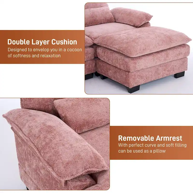 Ouyessir Soft Chenille Fabric U-shaped Sectional Sofa Set with Doudle Layer Cushion