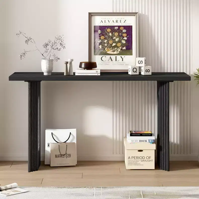 Modern Console Table with Round Hollow Legs – Black / Natural, 1-Piece
