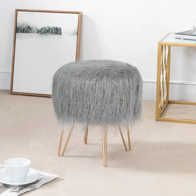 Adeco Vanity Stool Chair Soft Furry Footrest Stool Make Up Ottoman