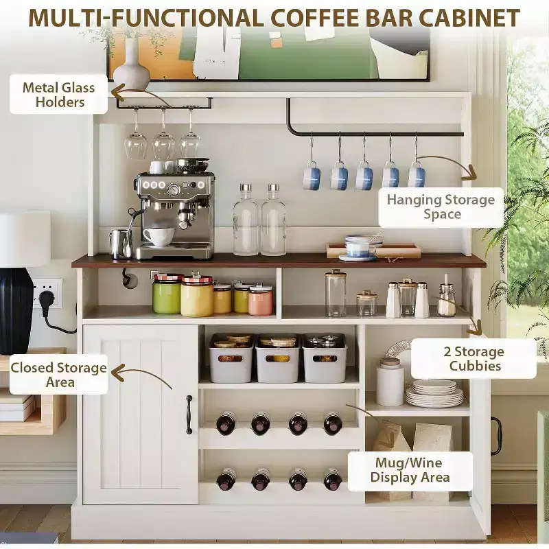 Farmhouse Coffee Bar Cabinet 47, MDF w/Power Outlets, Wine Rack, Black