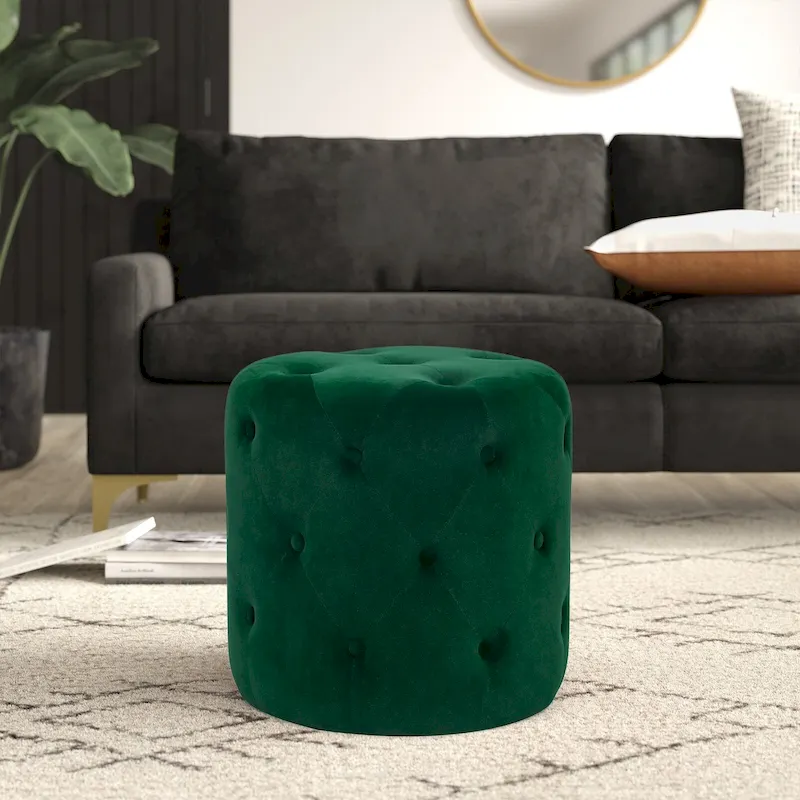 Adeco Tufted Round Ottoman - Upholstered Ottoman Footstool Foot Rest