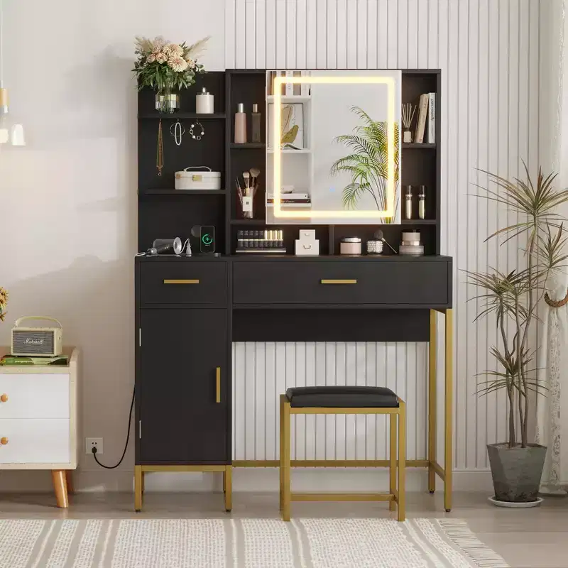 COZONY Vanity Table with Lighted Mirror & Charging Station  Makeup Vanity with Stool, Drawers & Cabinet for Bedroom