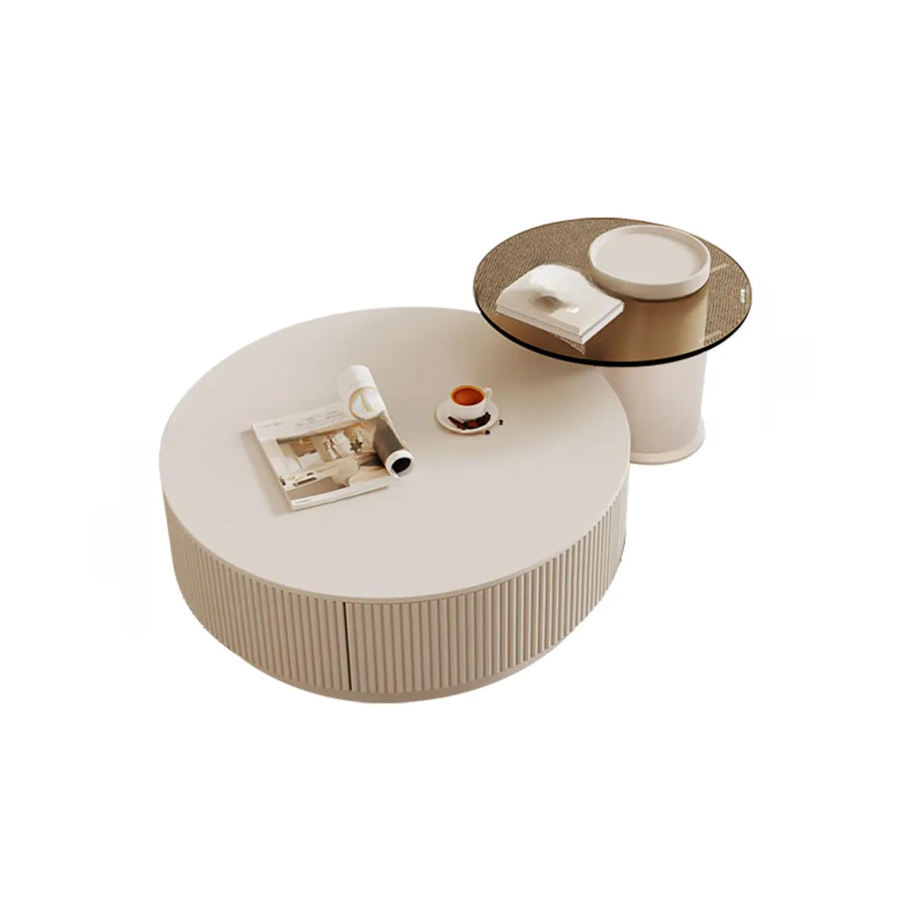Modern Wood Round Nesting Coffee Table with 2 Drawers