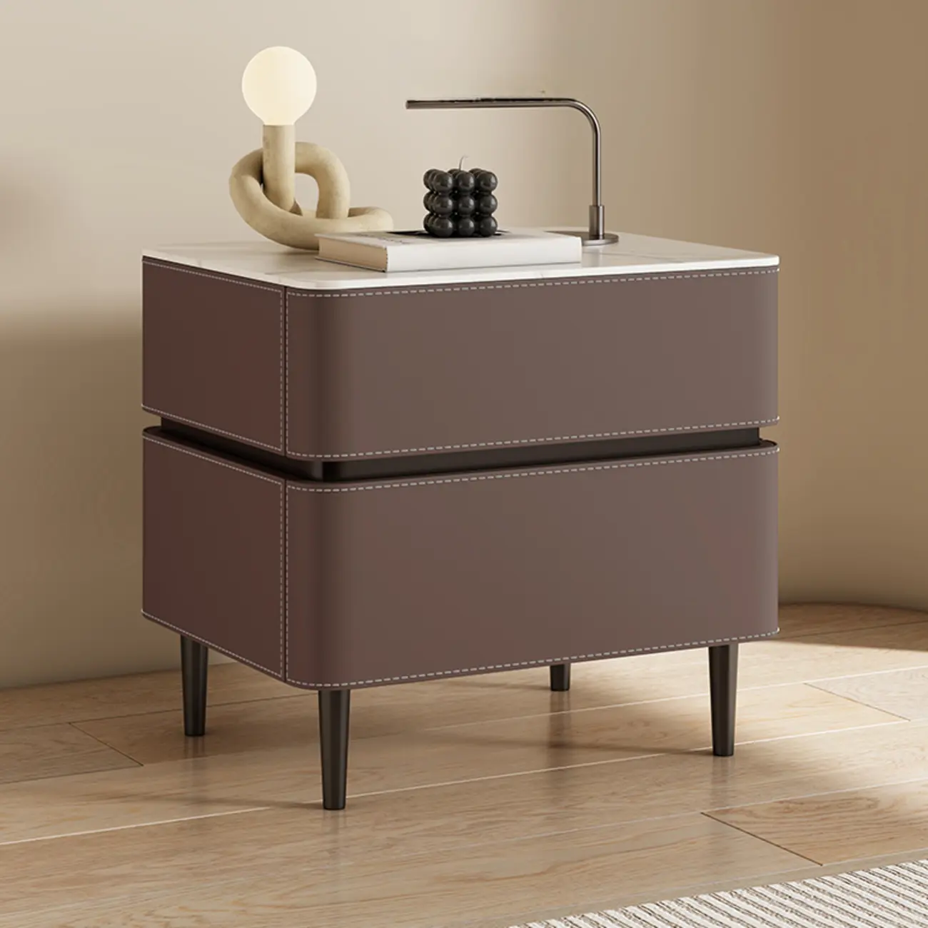 Modern Faux Marble Top Leather Rounded 2-Drawer Nightstand