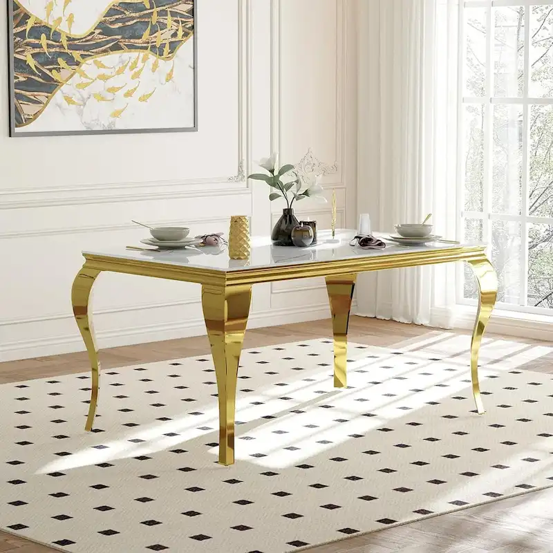 Mid Century Modern Glass Dining Table with Metal Cabriole Legs