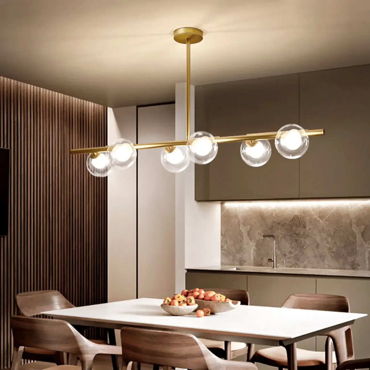 Gold Linear Island Light with 6 Lights Transparent Glass Globe Shades