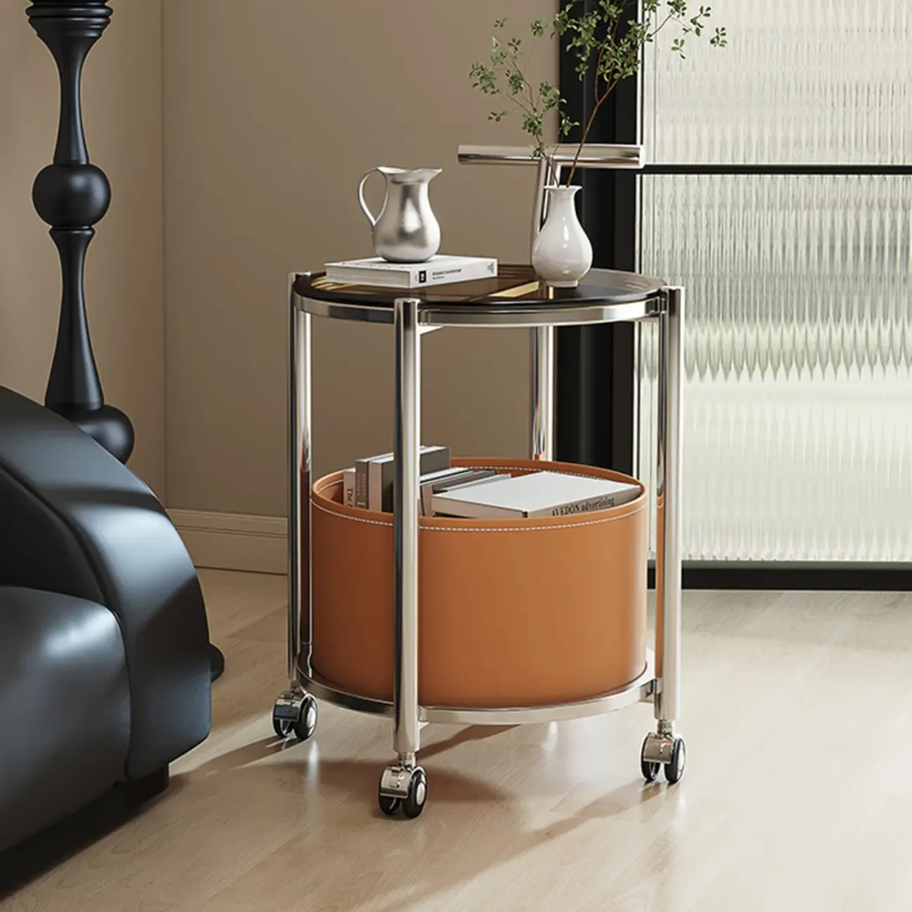 Convenient 2 Tiers Orange Cylinder Leather Side Table