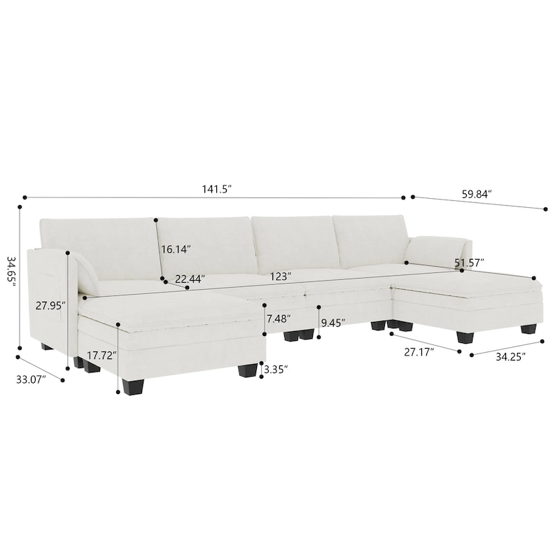 Christopher Knight Home - Noah 141.5 U-Shaped 6-Seater Sofa Couch with Movable Ottoman and Armrest Pockets, Fabric Upholstery