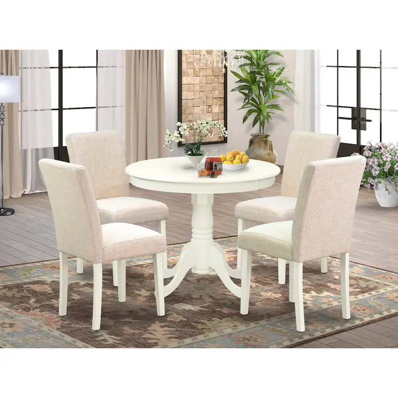 East West Furniture Dining Table Set- A Round Kitchen Table and Light Beige Linen Fabric Chairs, Linen White (Pieces Options)