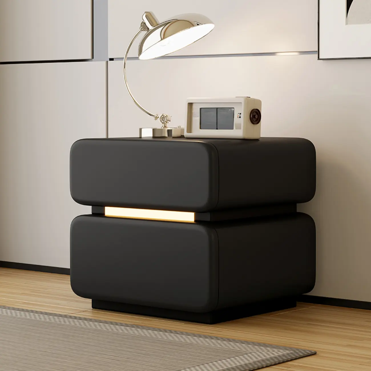 Modern Black Leather Top  2 Drawers Accent Nightstand