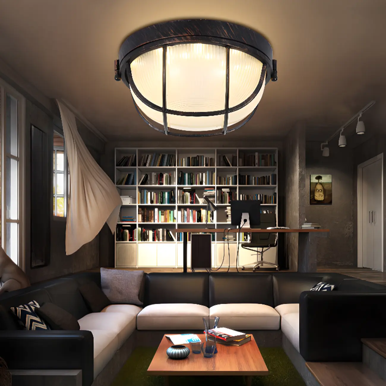 Industrial Black Round Metal LED Flush Ceiling Light