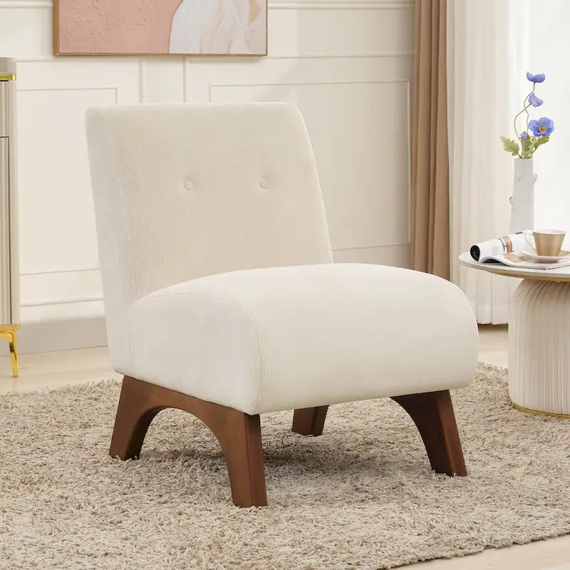 Corduroy Aremless Accent Chair with Solid Wood Legs & Padded Seat